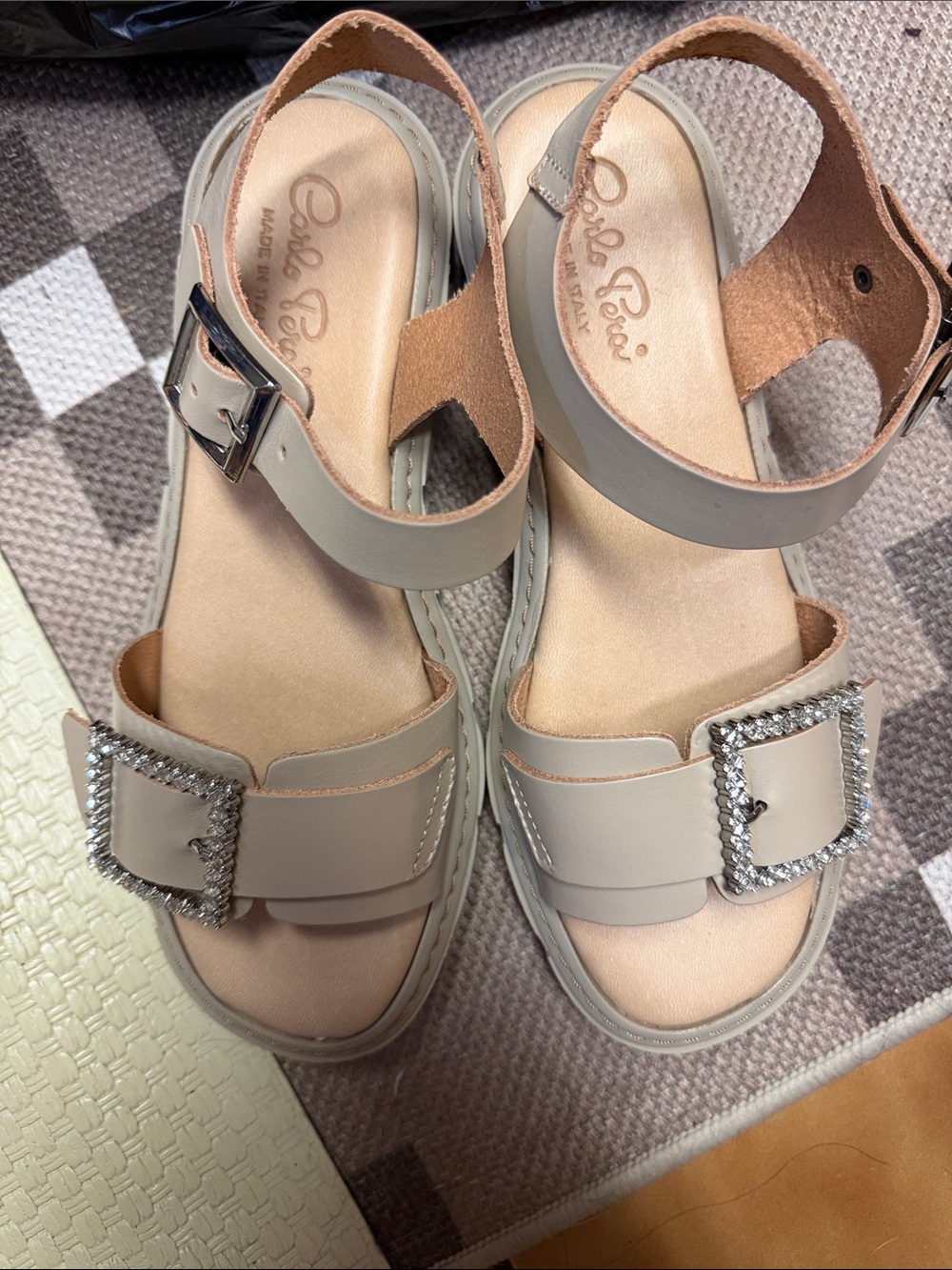 Cream Ankle-Strap Sandals with Crystal Buckles
